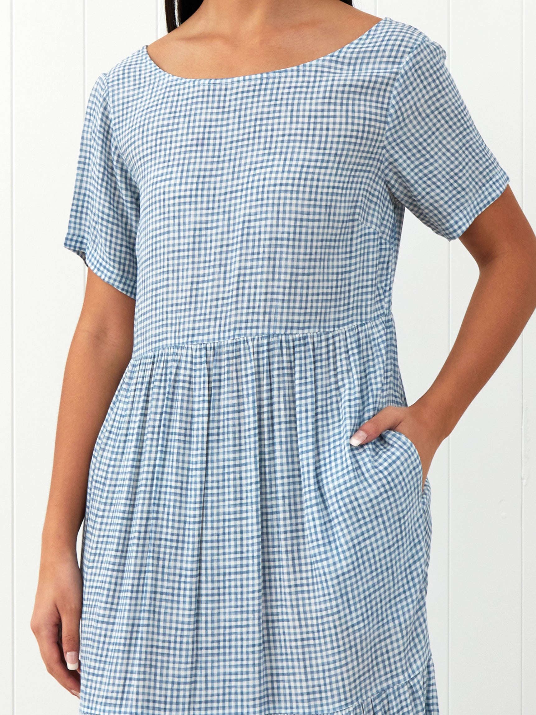 Riviera Rayon Tier Dress | Blue Gingham-3