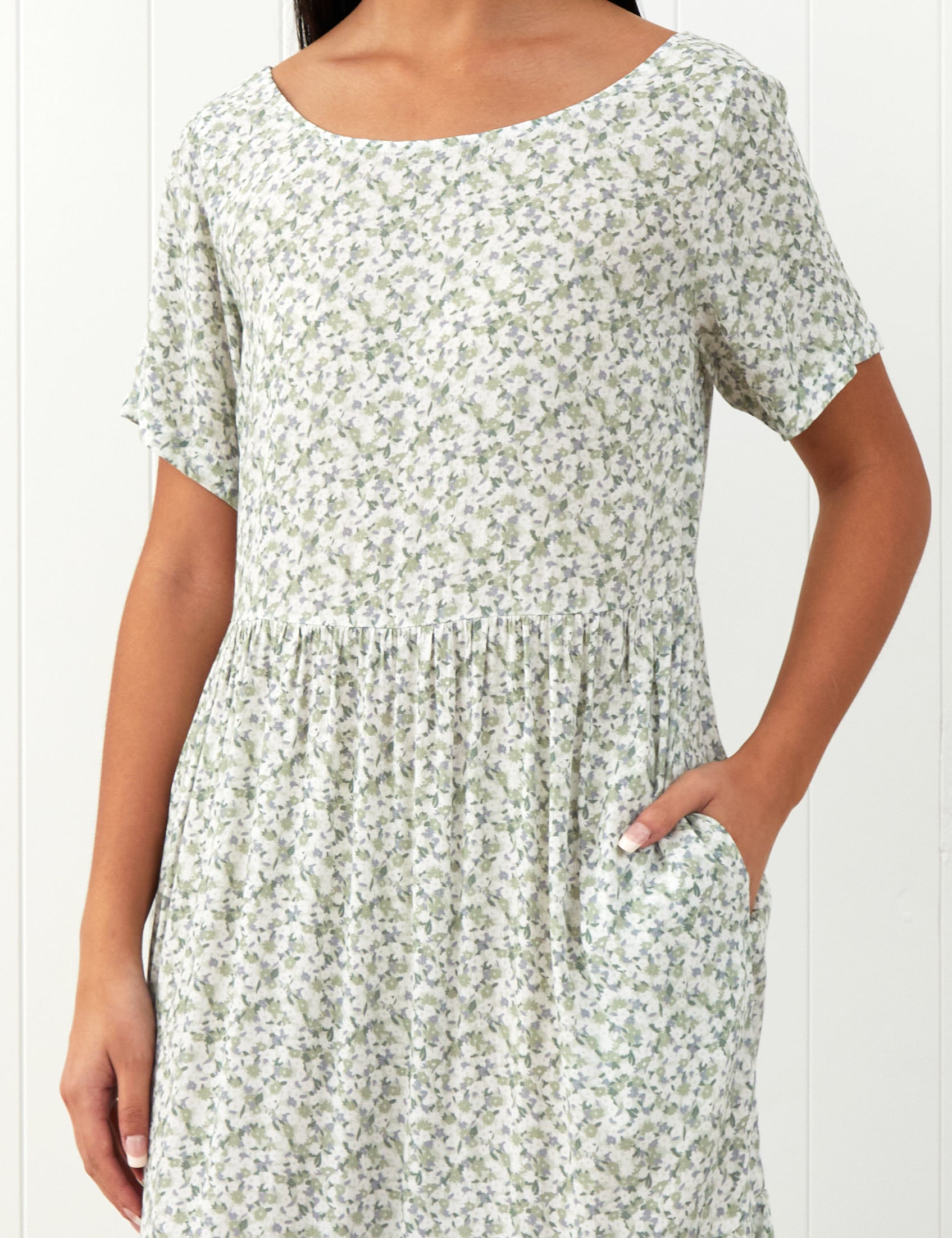 Riviera Rayon Tier Dress | Green Floral-3