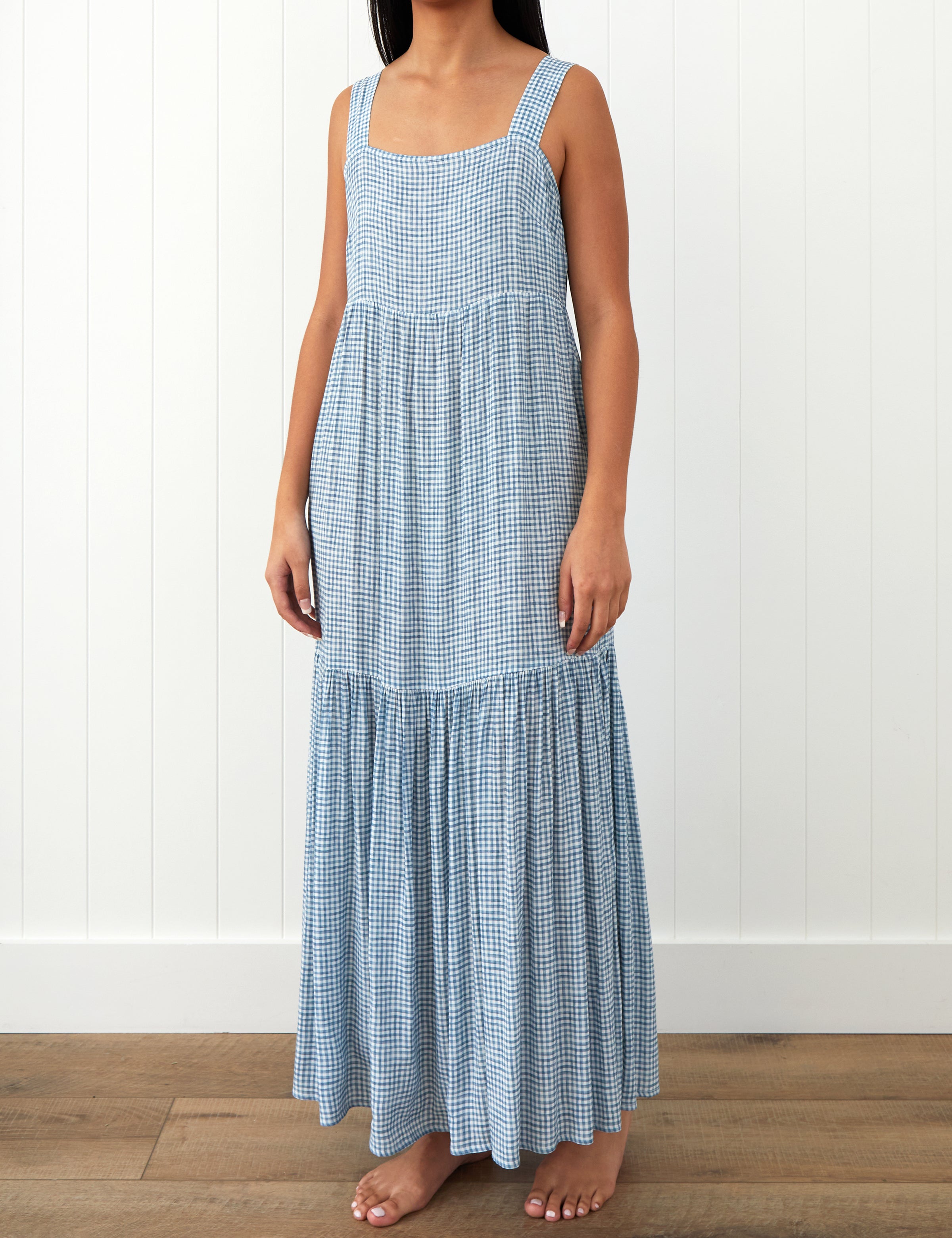 Riviera Wide Strap Rayon Dress | Blue Gingham-1
