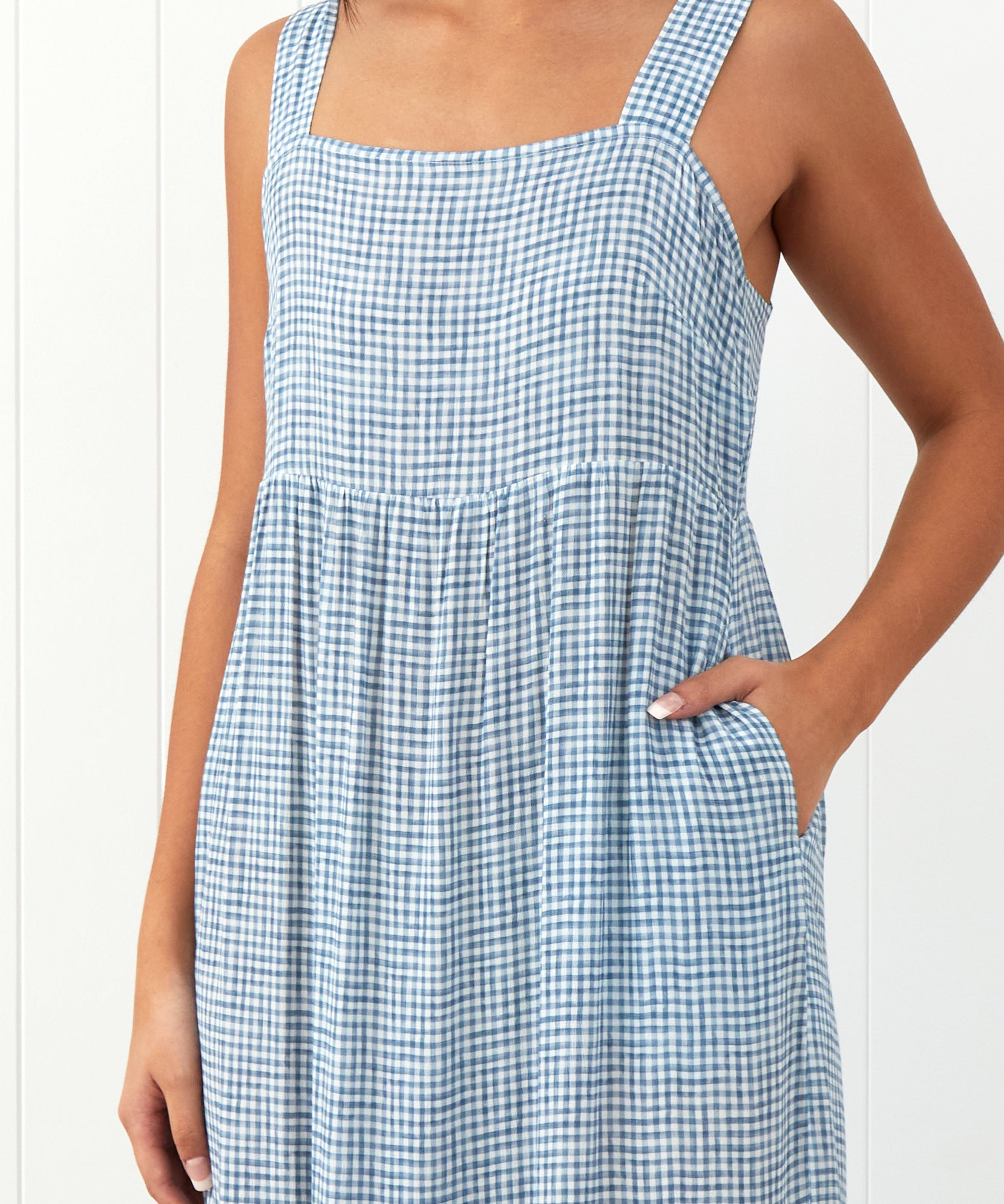 Riviera Wide Strap Rayon Dress | Blue Gingham-3