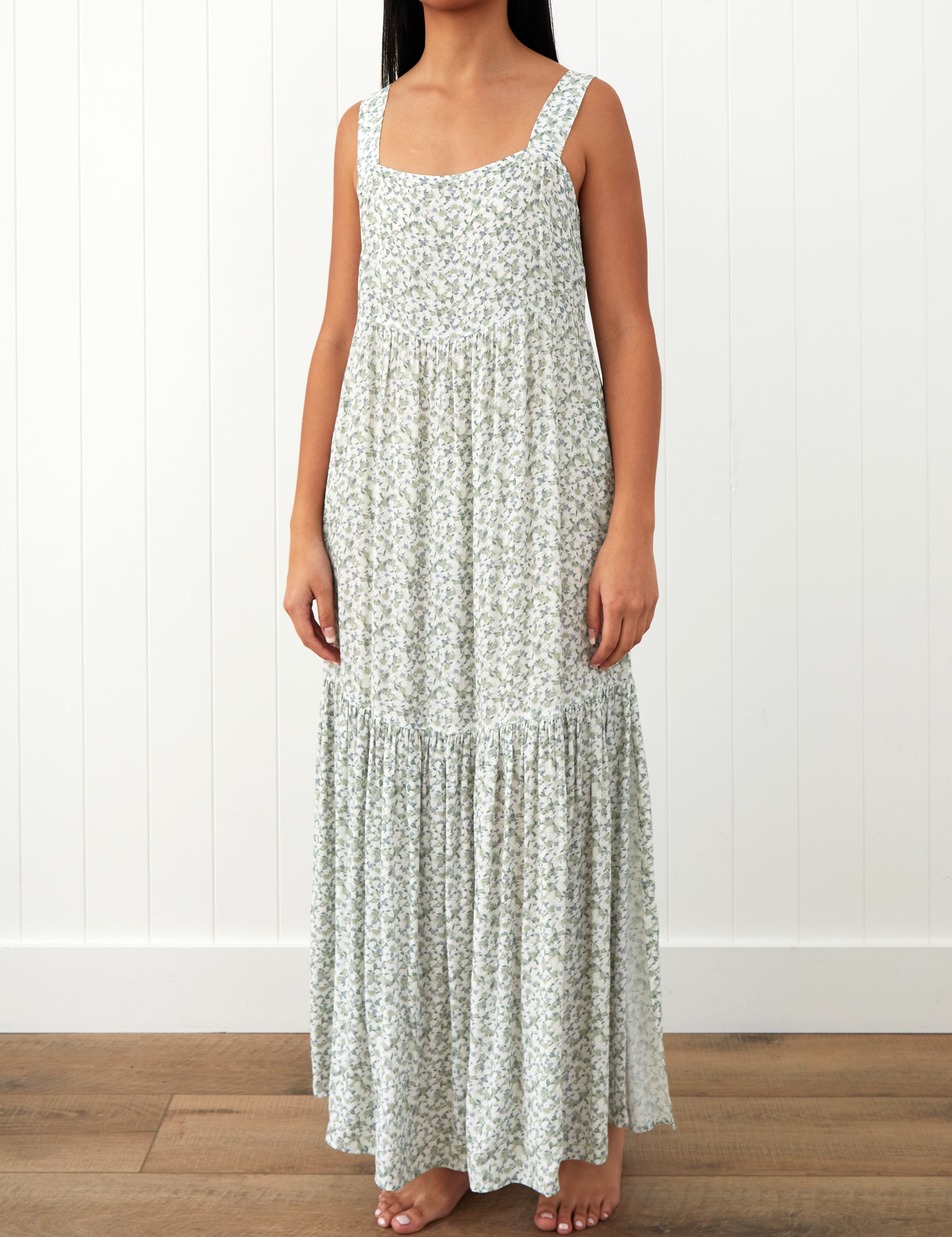 Riviera Wide Strap Rayon Dress | Green Floral-1