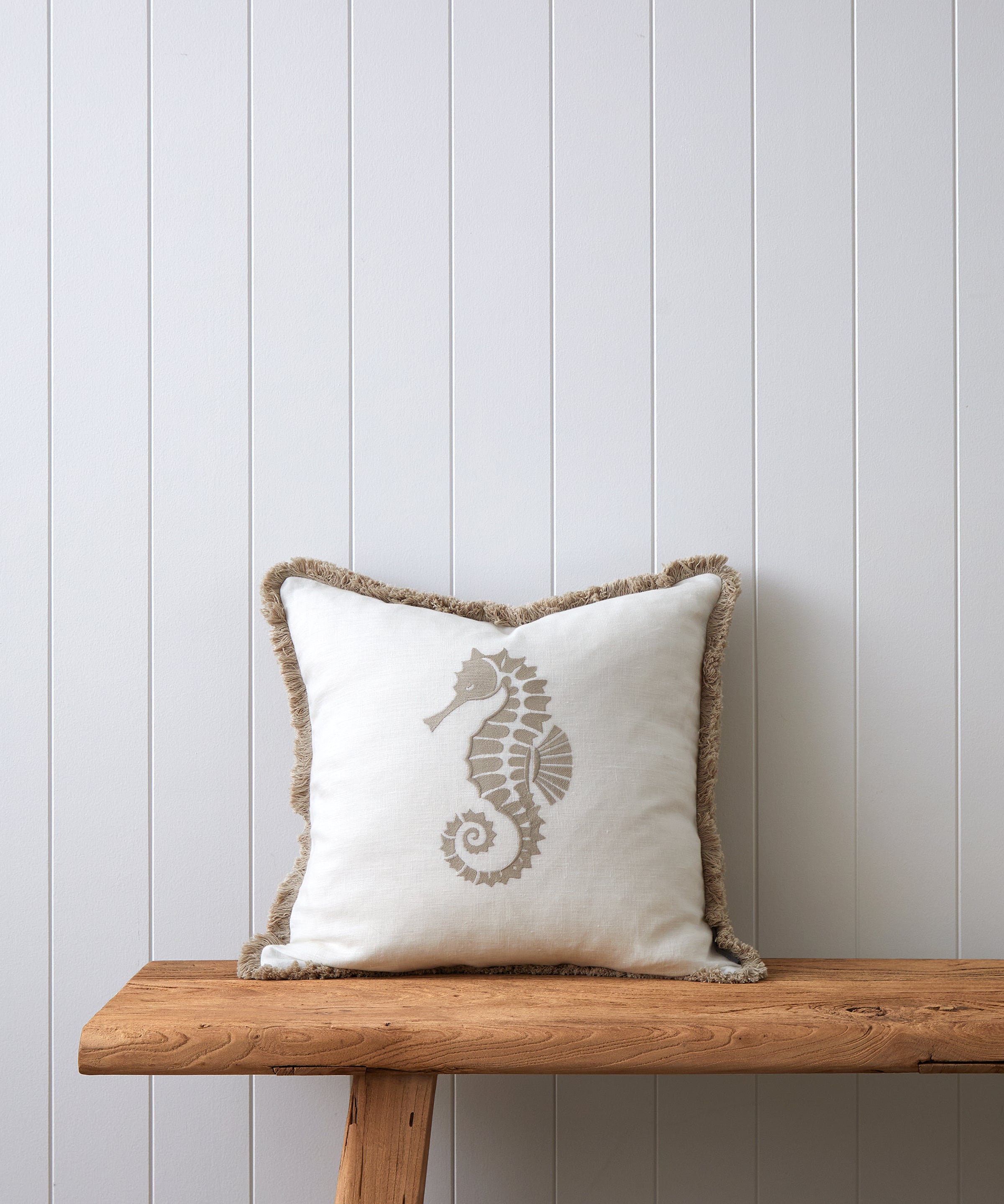Seahorse Embroidered Square Cushion Cover | Natural White-1