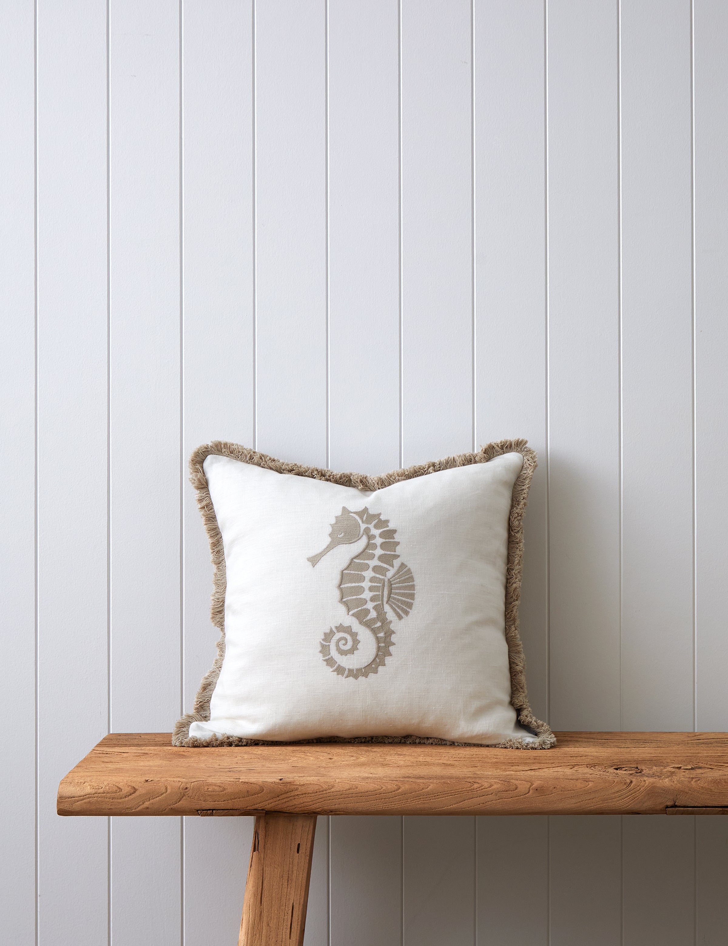 Seahorse Embroidered Square Cushion Cover | Natural White-1