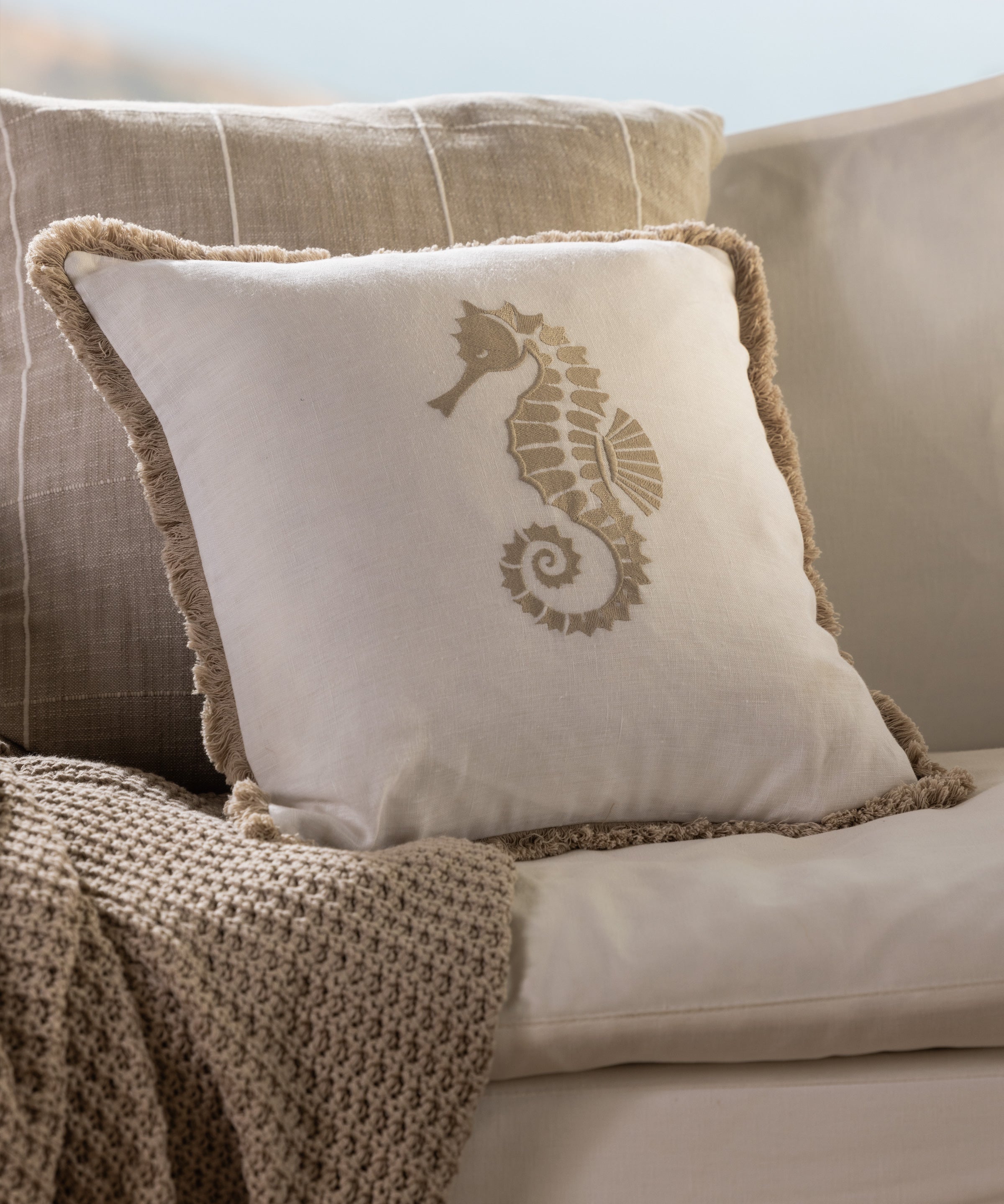 Seahorse Embroidered Square Cushion Cover | Natural White-2