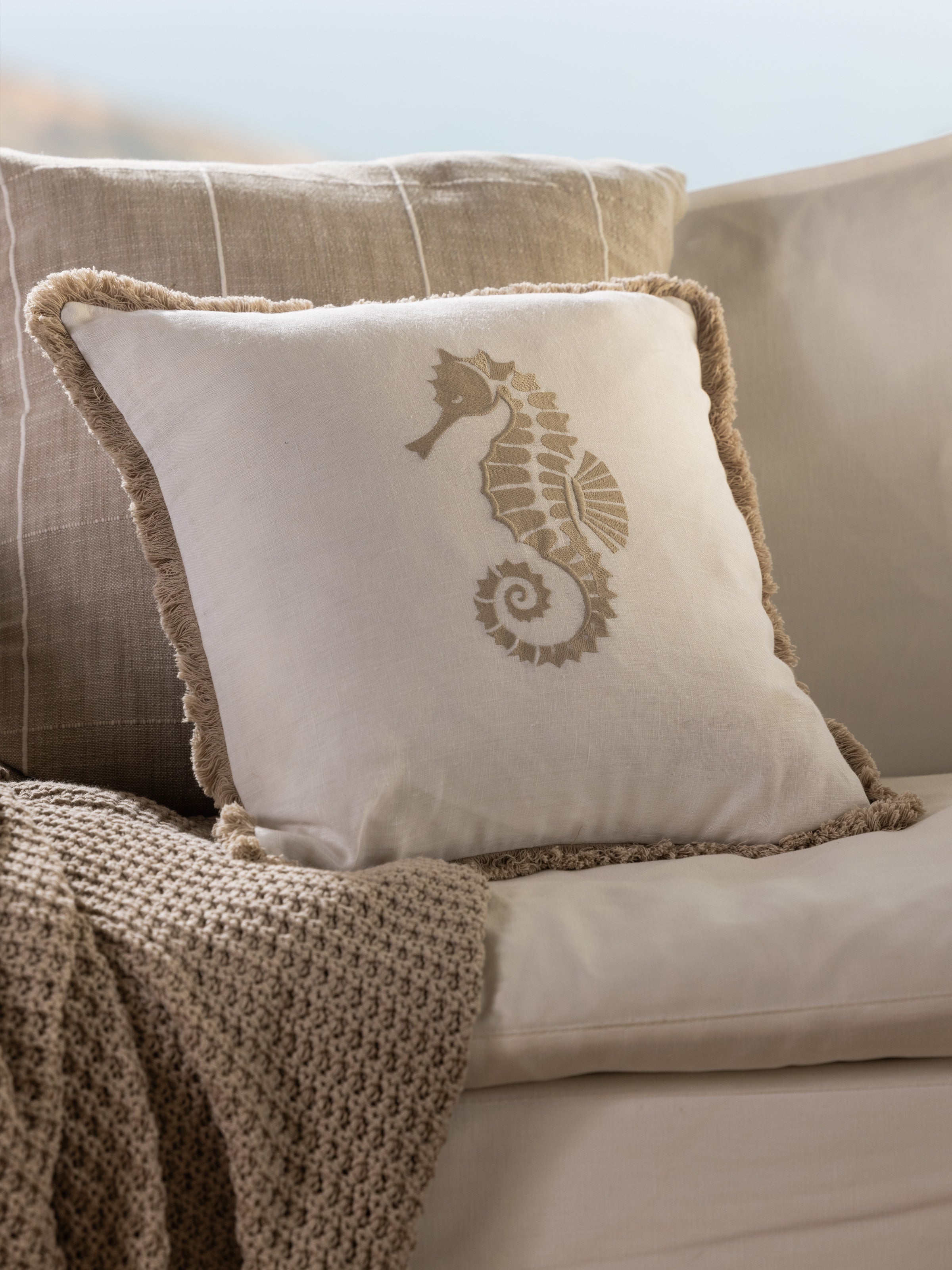 Seahorse Embroidered Square Cushion Cover | Natural White-2