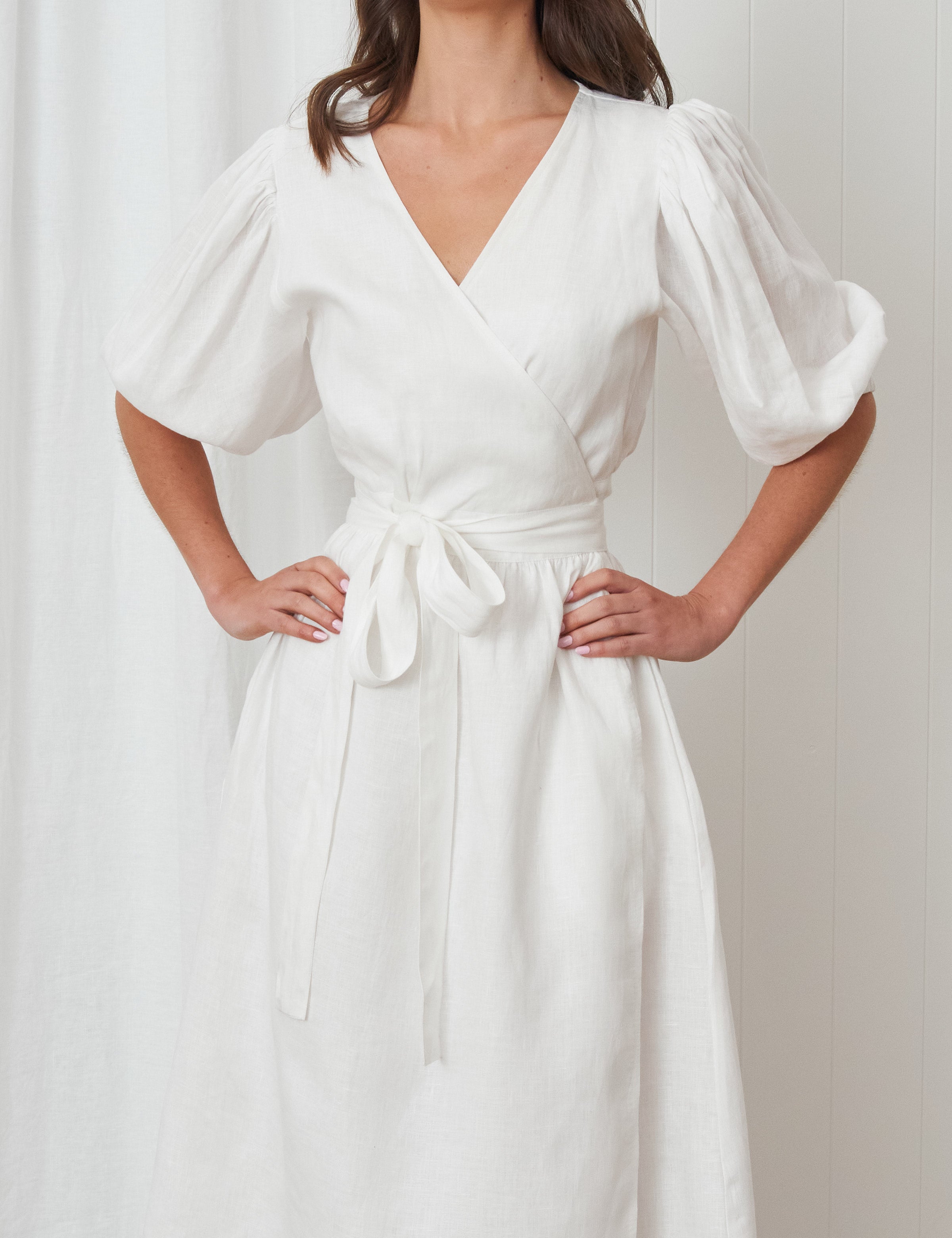 Voyager Linen Wrap Dress | White-3